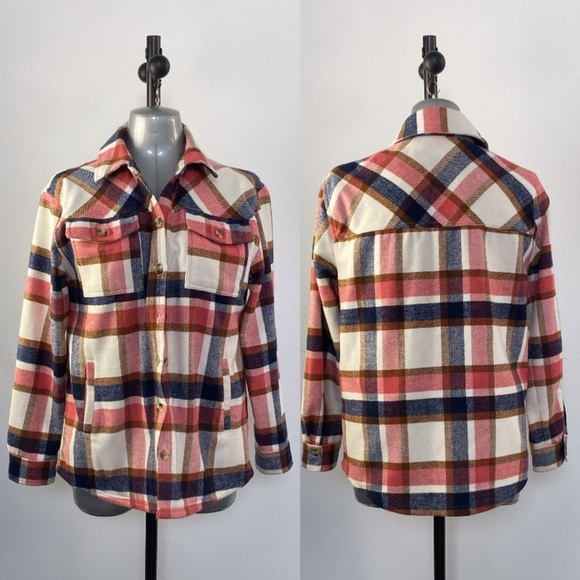 2/$25Red navy white casual plaid button front hoodless Shacket jacket coat sz M - Picture 1 of 9